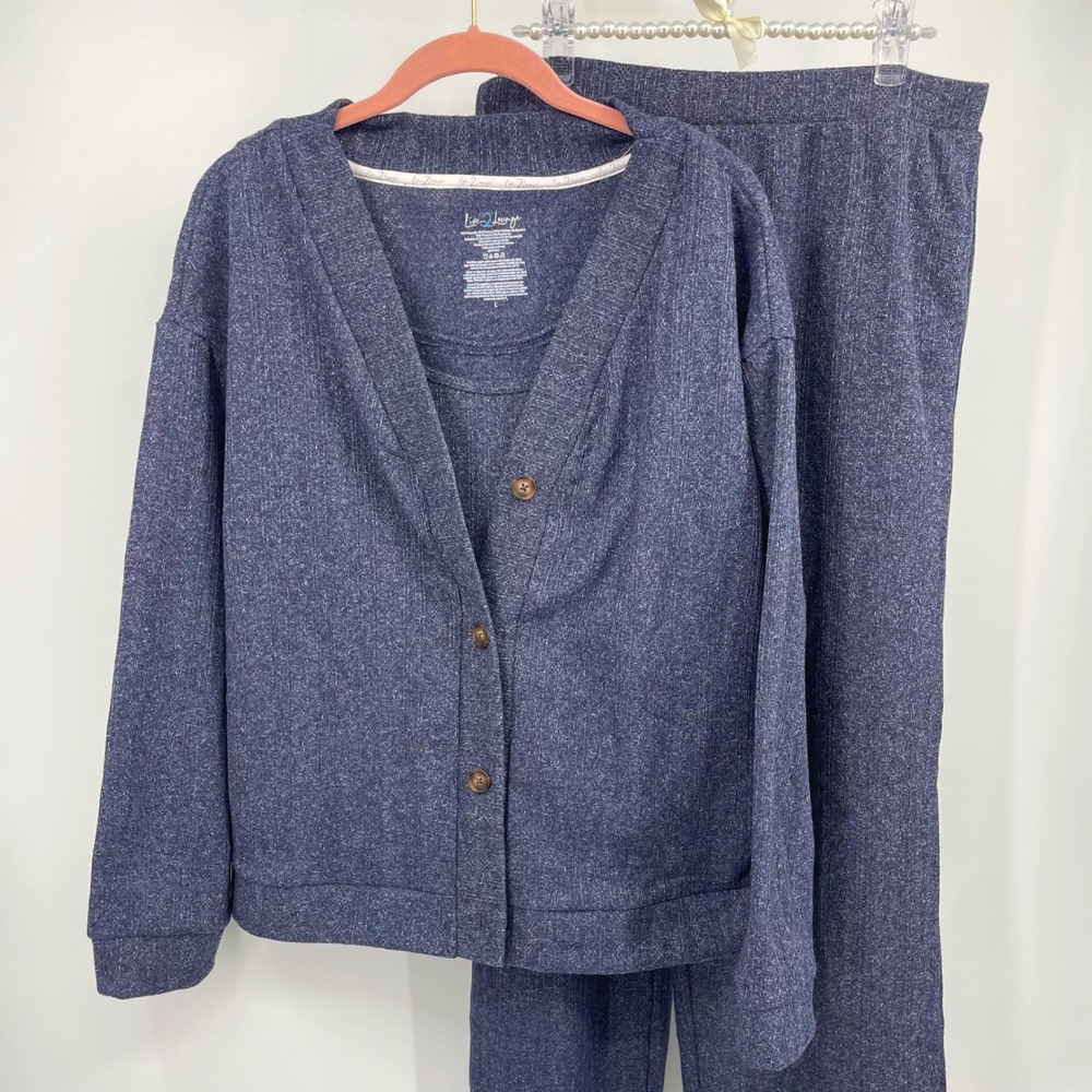 Live 2 Lounge Womens 3 Piece Ribbed Knit Set Cardigan Tank Pants Navy Blue L